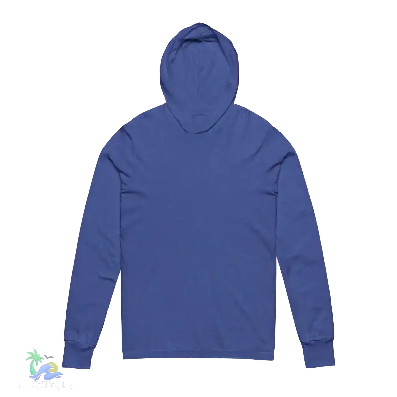 A blue hooded long-sleeved shirt is shown against a black background.