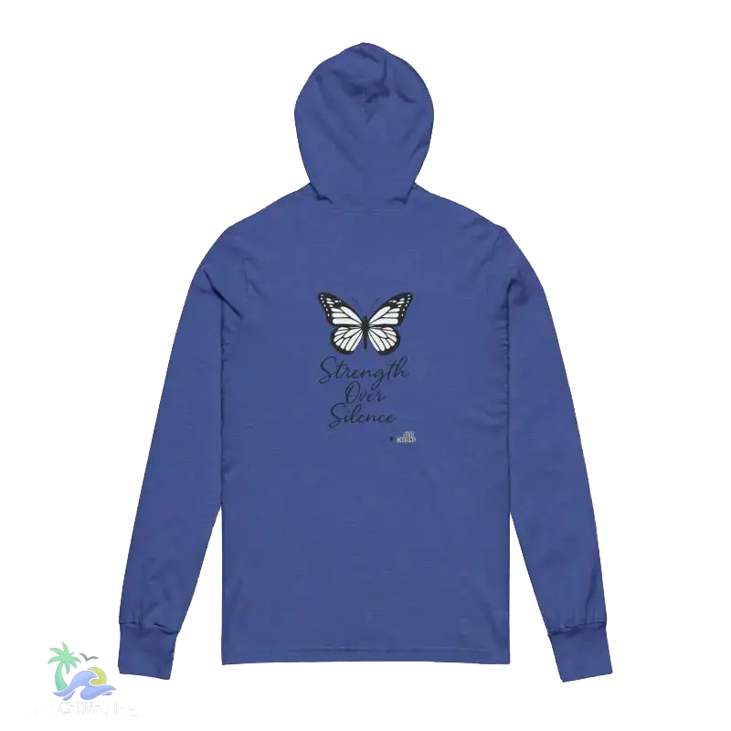 A blue hooded sweatshirt with a butterfly design and the text "Strength Over Silence" printed on the back.