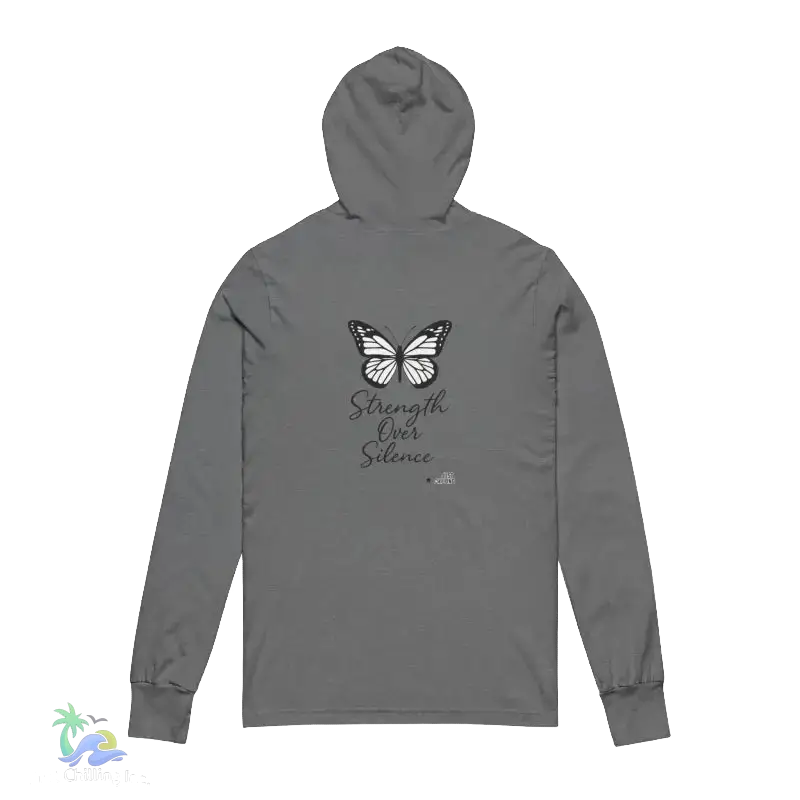 A grey hooded sweatshirt with a butterfly design and the text "Strength Over Silence" printed on the back.