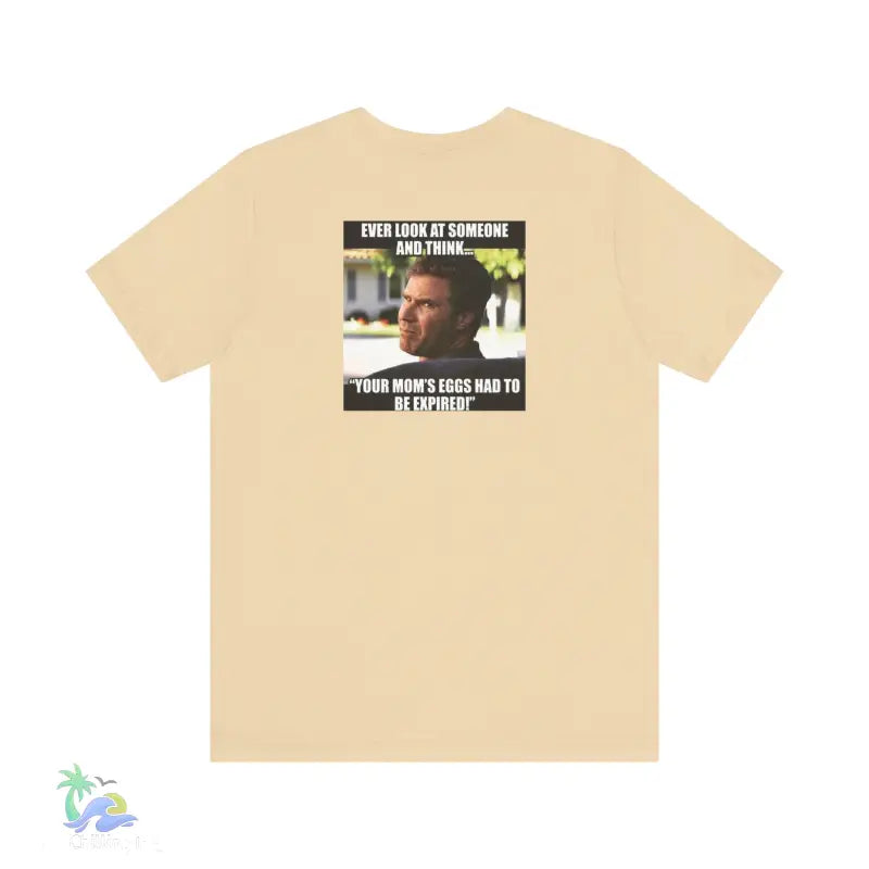 Beige t-shirt with meme.
