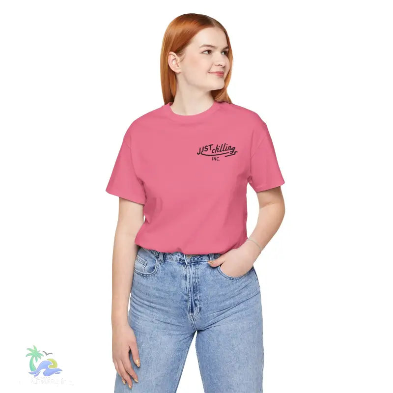 Pink t-shirt with jeans.