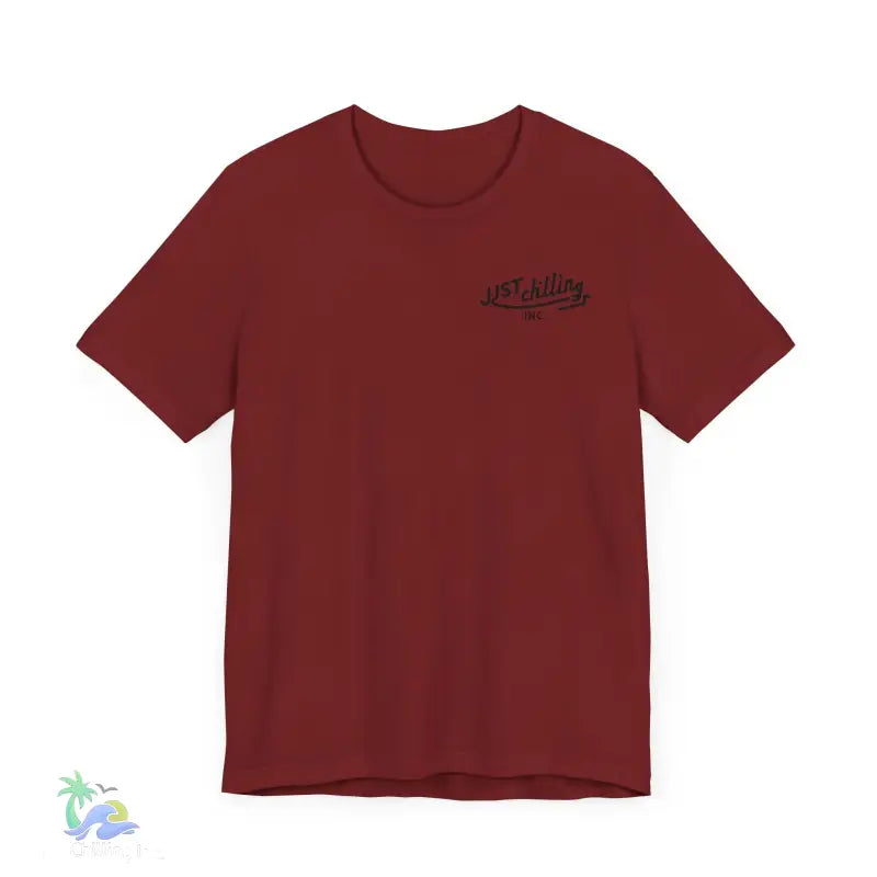 Maroon t-shirt with chest graphic.