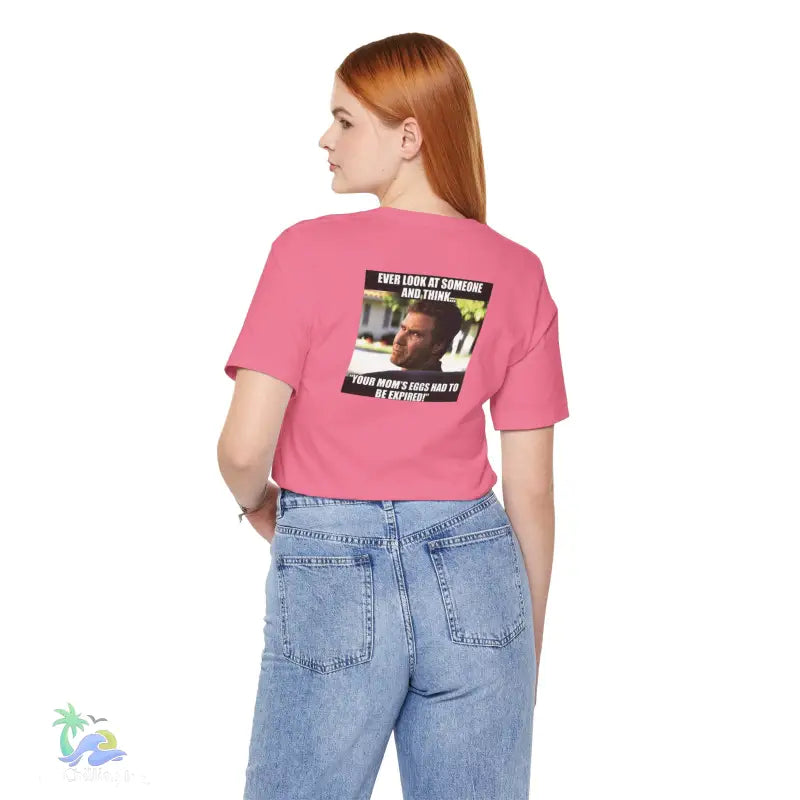 Pink t-shirt with meme.