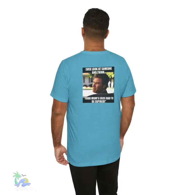 Light blue t-shirt with meme.