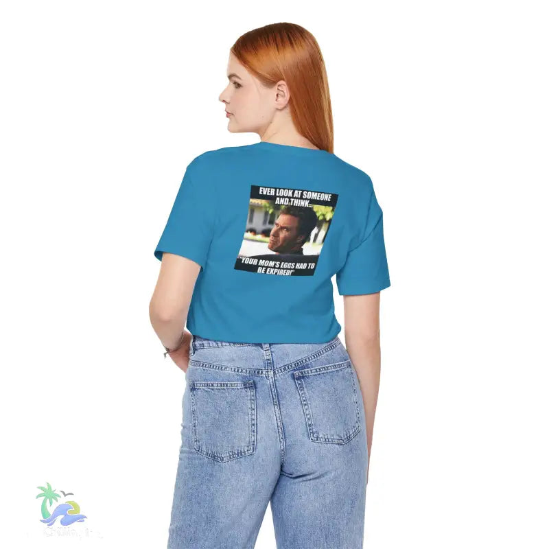 Blue t-shirt with meme.