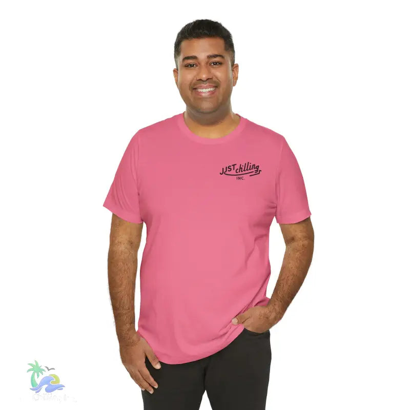 Pink t-shirt with ’Just Chilling’ text.