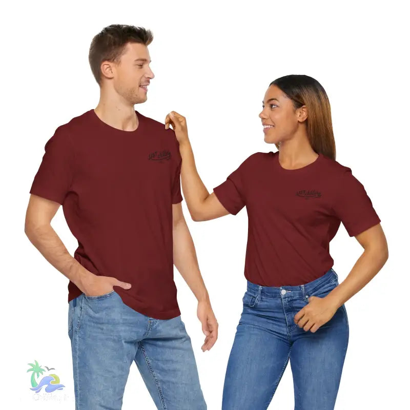 Matching maroon t-shirts.