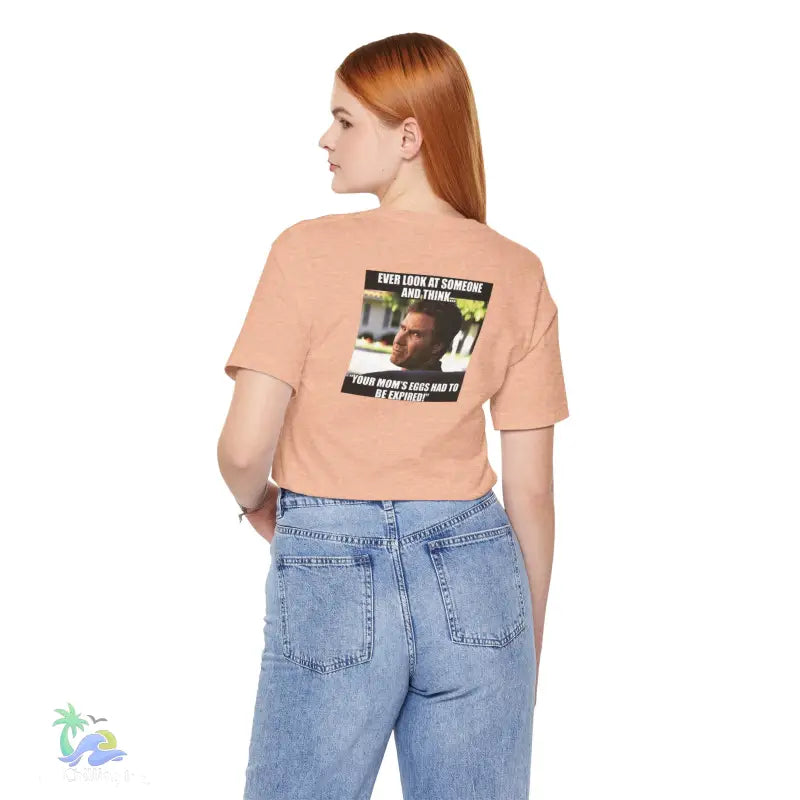 Peach-colored t-shirt with meme.