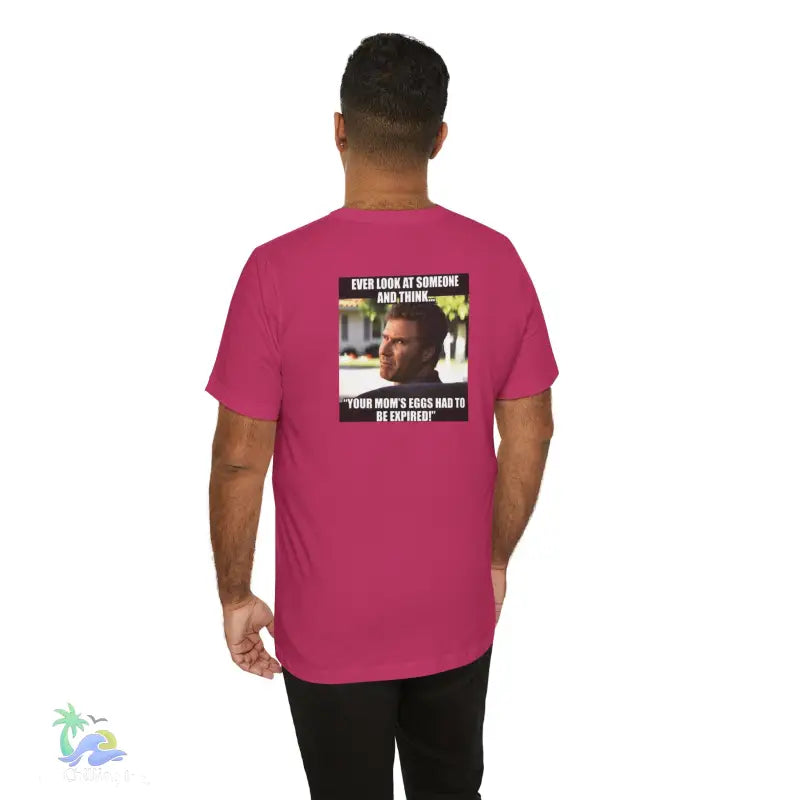 Magenta t-shirt with meme.
