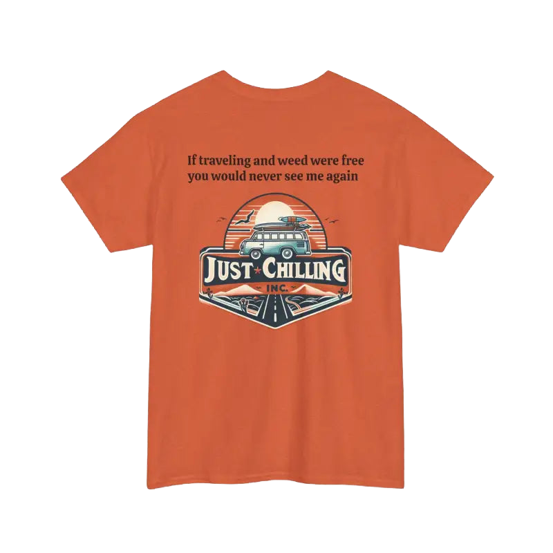The image is an orange t-shirt with a graphic design and text on it.