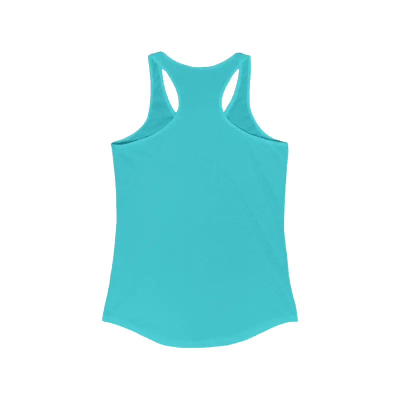 A turquoise tank top is shown against a black background.