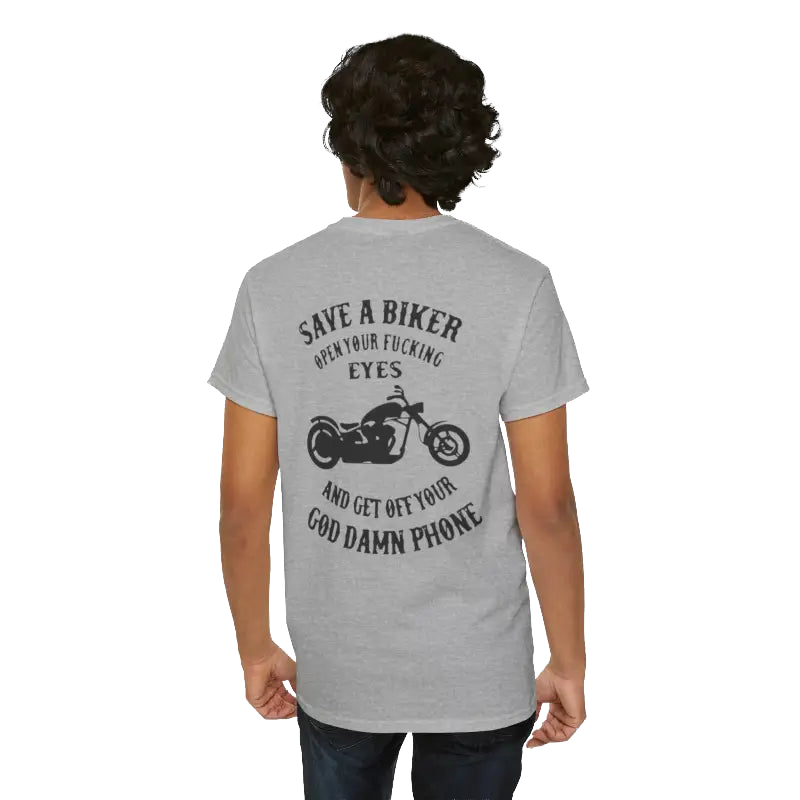the back of a person wearing a grey t-shirt with a graphic design and text printed on it.