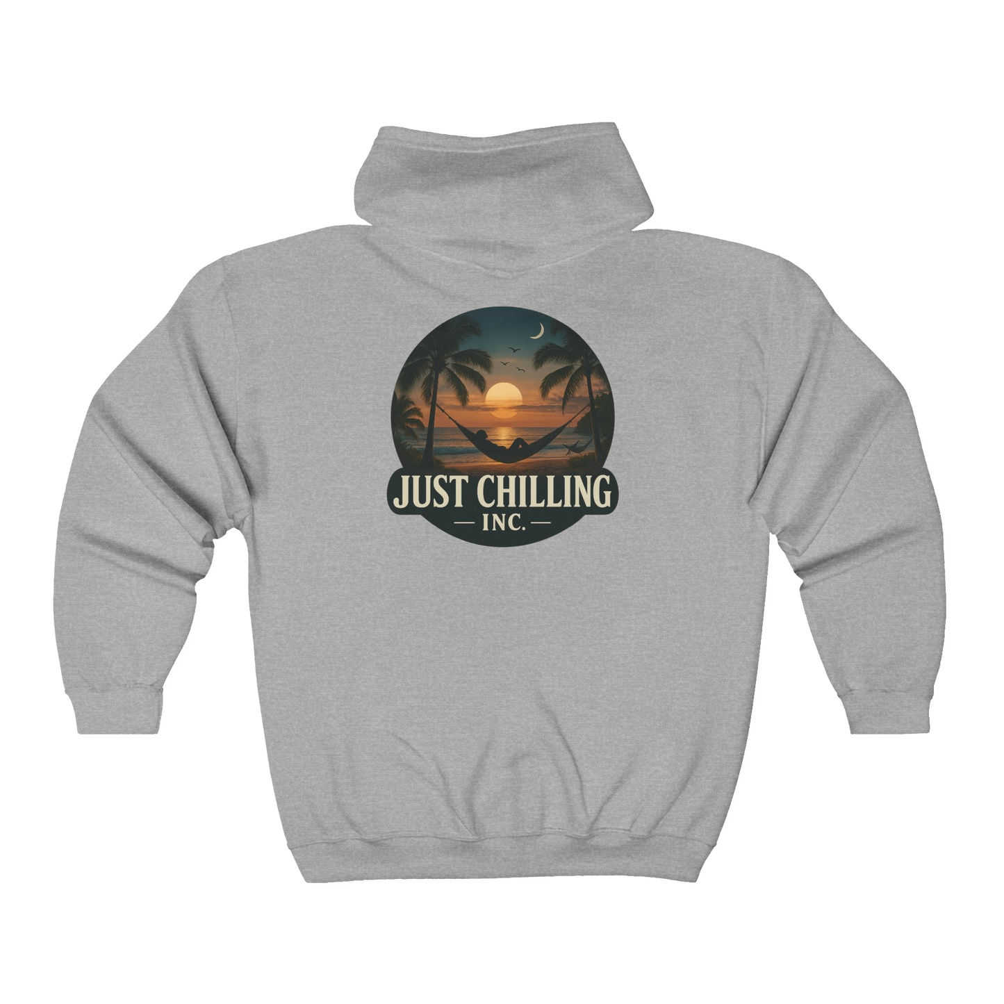 A grey hoodie with a graphic design on the back, depicting a sunset and palm trees.