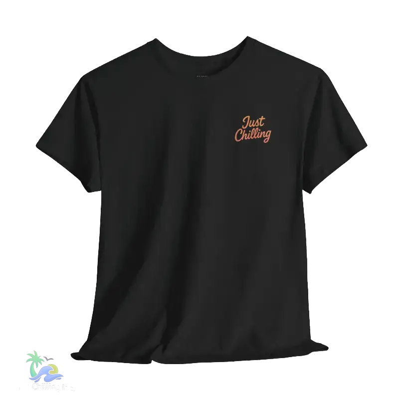A black t-shirt with a small orange text logo on the left side.