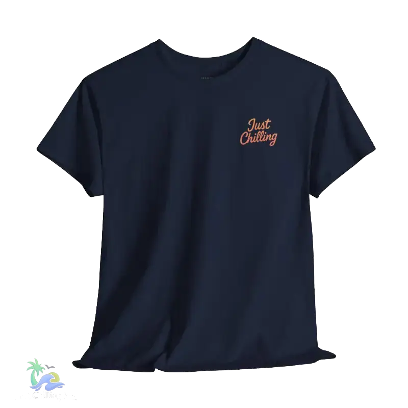 A navy blue t-shirt with a small orange text logo on the left side of the chest.