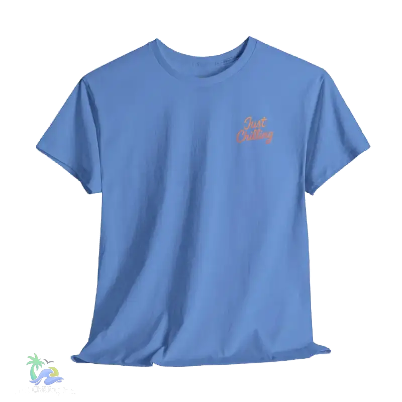 A blue t-shirt with the text "Just Clothing" printed on it.