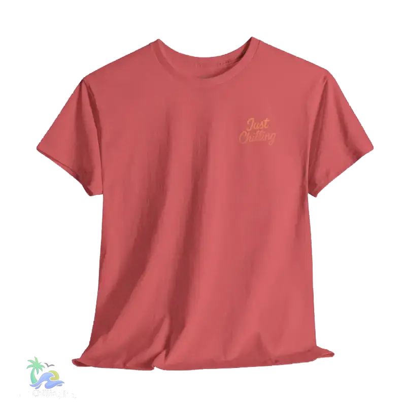 A red t-shirt with the text "Just Chilling" printed on it.