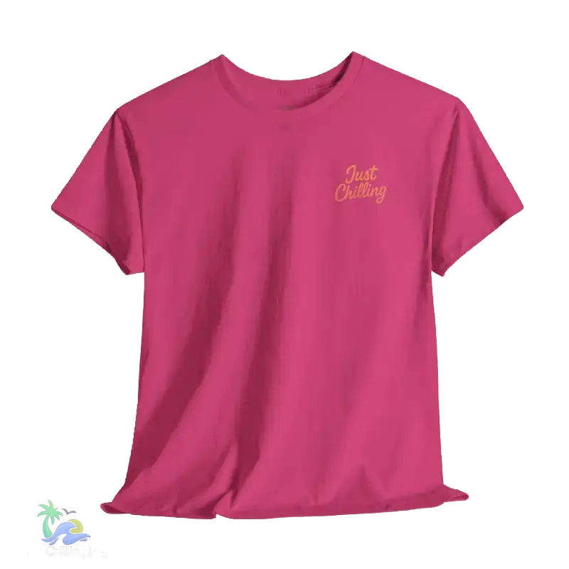 A pink t-shirt with the text "Just Chilling" printed on it.