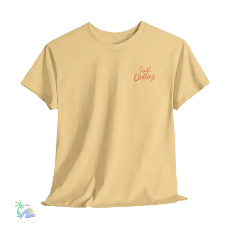 A yellow t-shirt with the text "Just Chilling" printed on it in red.
