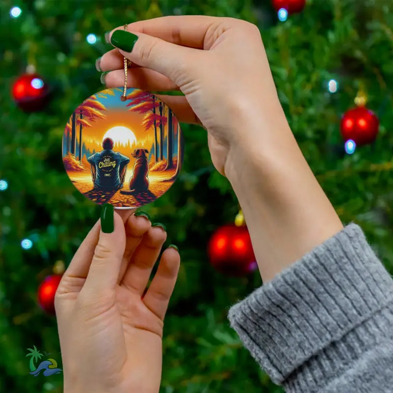 Ceramic Sunset Ornament - Perfect Gift for the Man and His Best Friend - 4 Shapes Available - Circle / One Size - Home