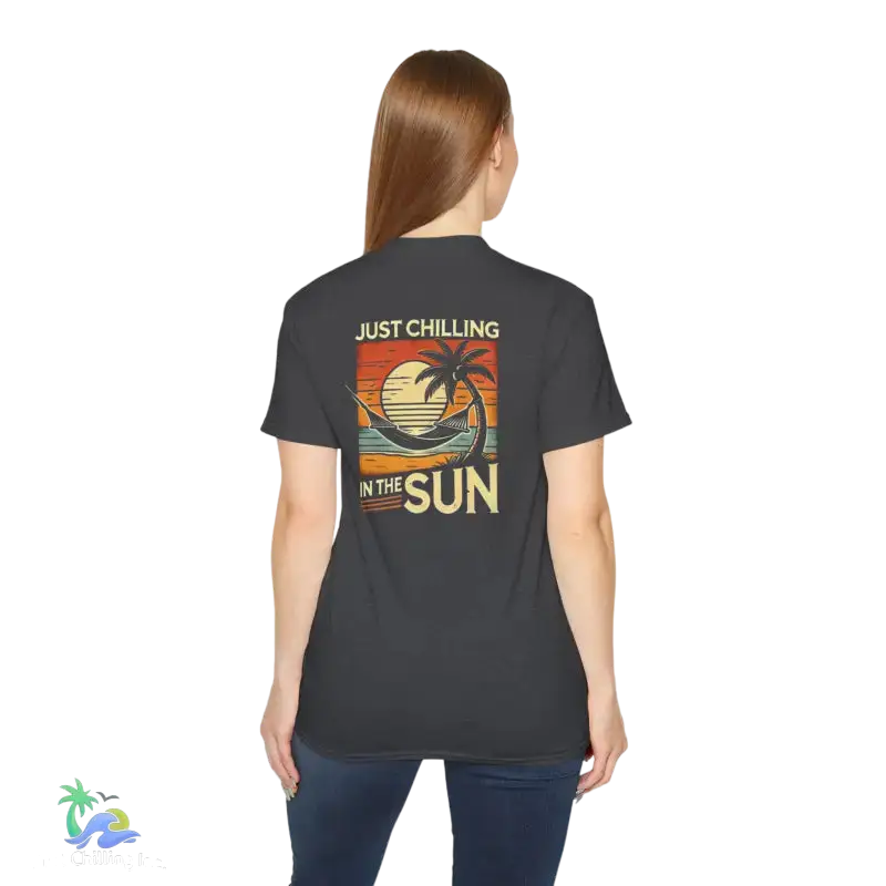 Gray t-shirt with beach graphic.