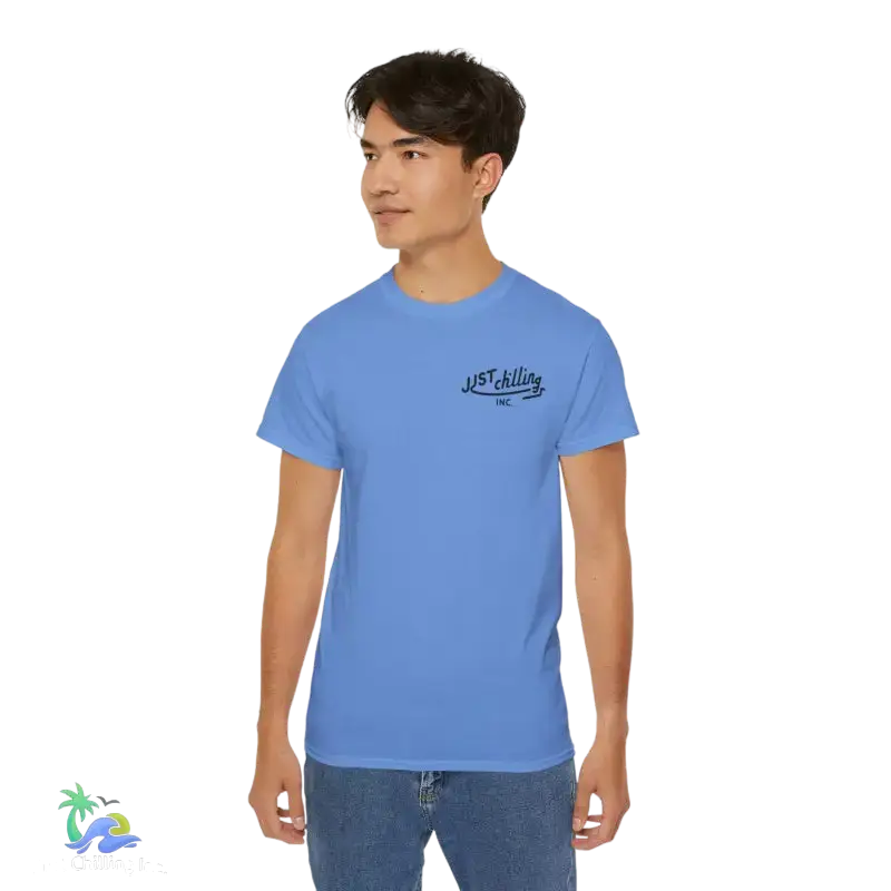 Light blue t-shirt.
