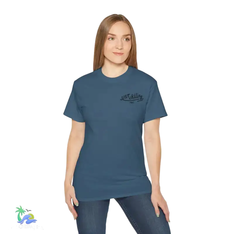 Blue t-shirt with text.