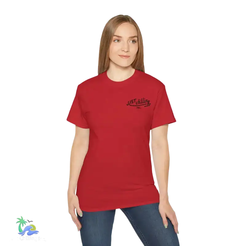 Red t-shirt with small graphic.