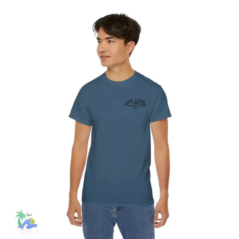 Blue t-shirt with chest graphic.