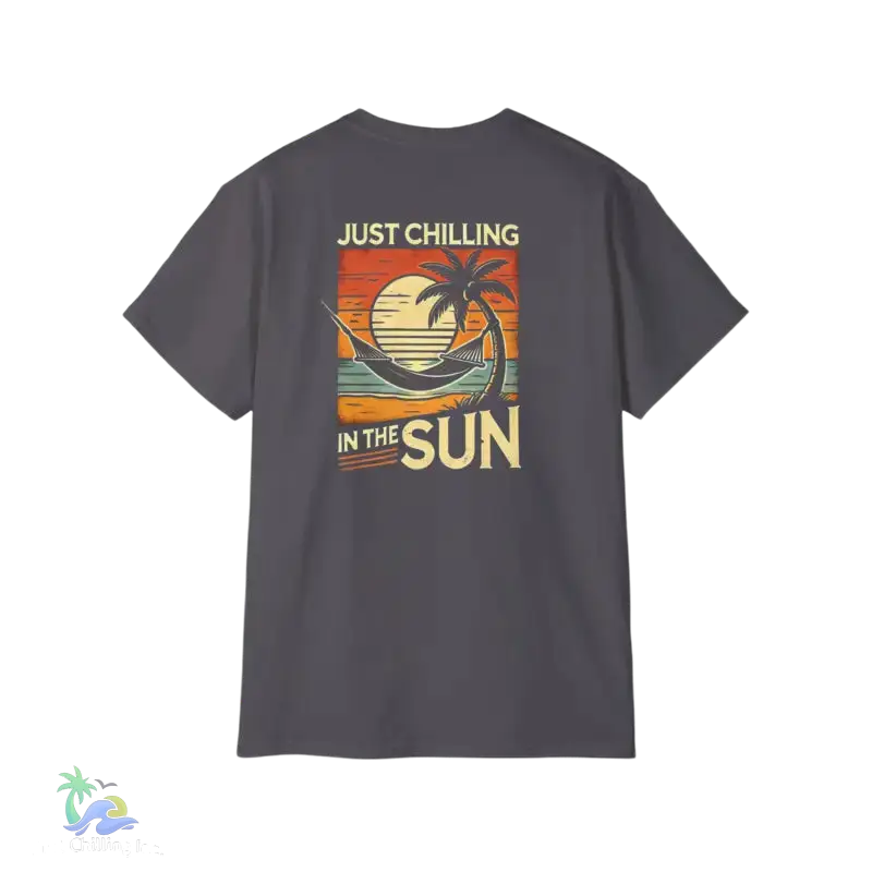 Gray t-shirt with a beach-themed graphic.