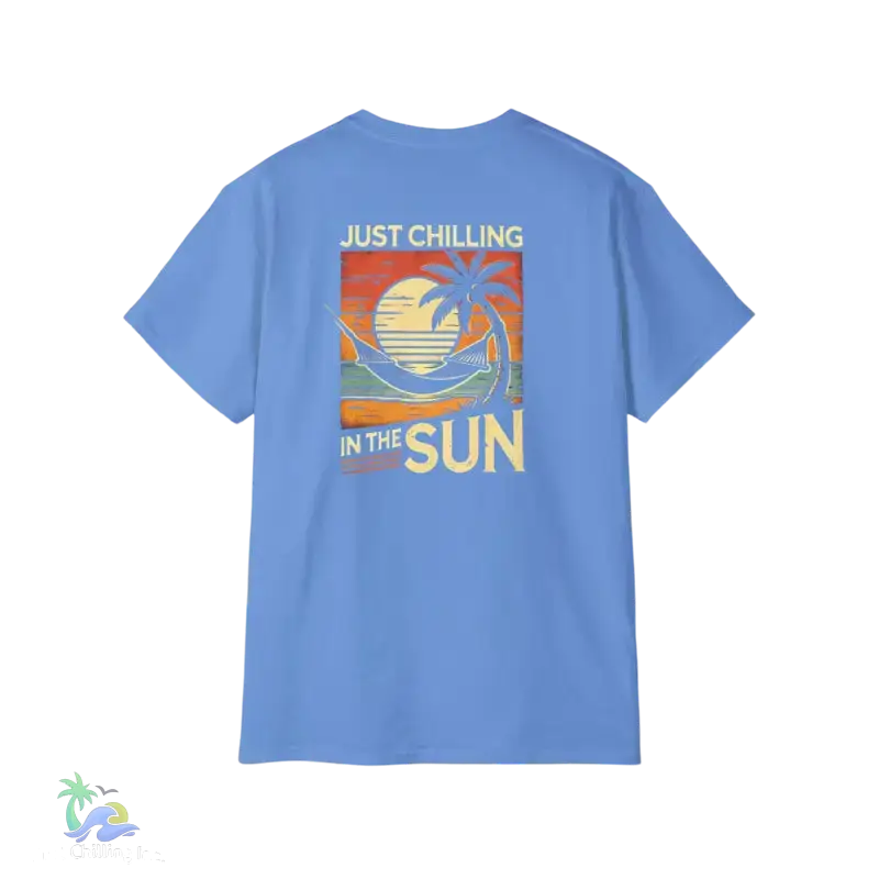 Blue t-shirt with beach graphic.