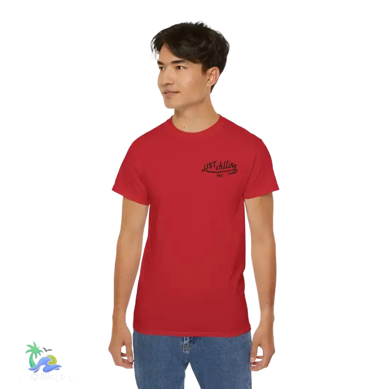 Red t-shirt with chest graphic.