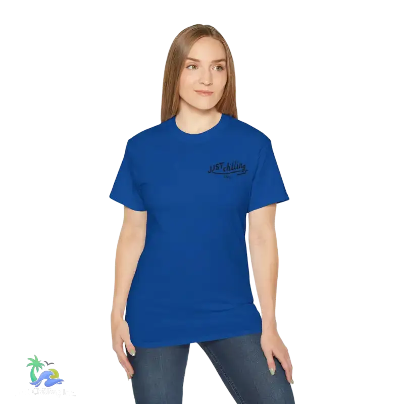 Blue t-shirt.