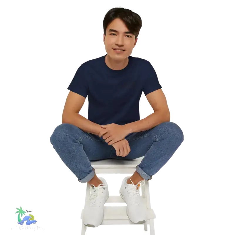 Man in navy t-shirt and jeans.