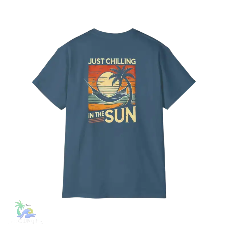 Blue t-shirt with beach graphic.