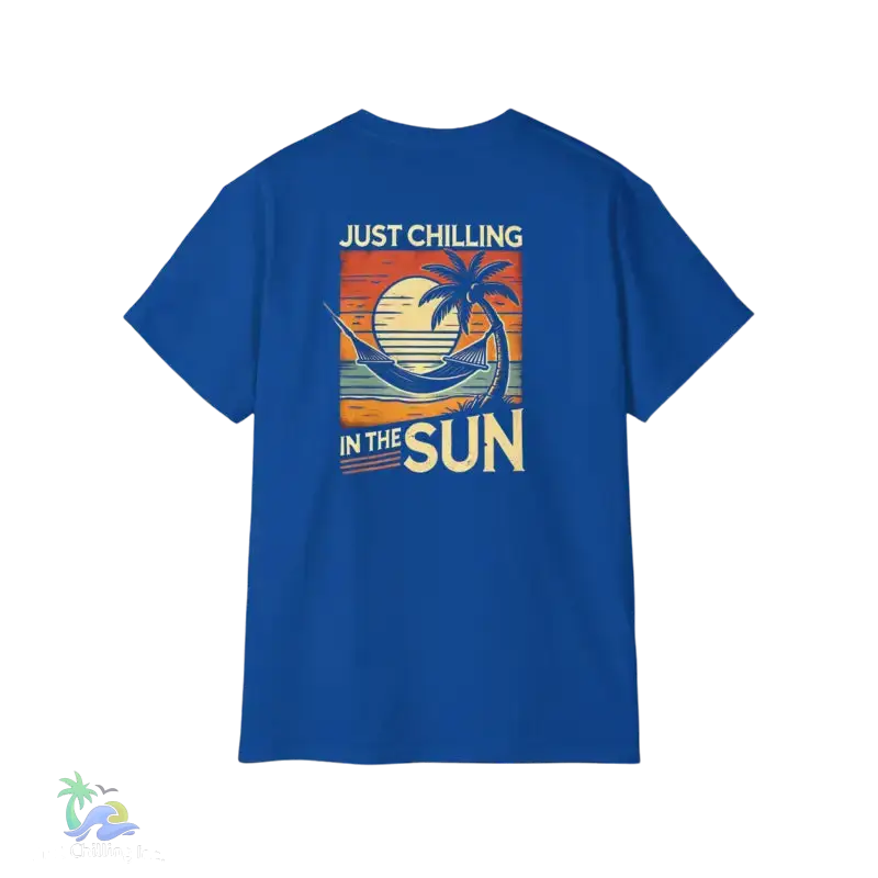 Blue t-shirt with beach graphic.