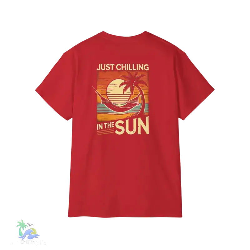 Red t-shirt with beach graphic.