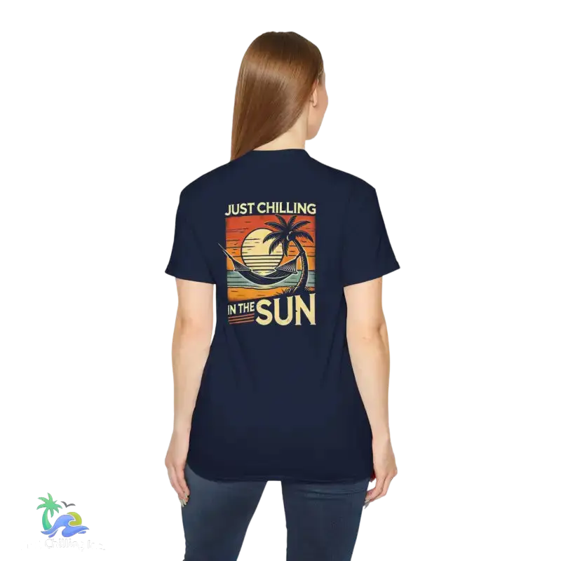 Navy t-shirt with beach graphic.