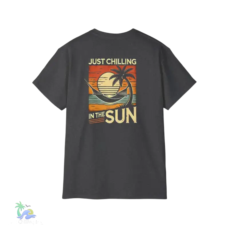 Gray t-shirt with a beach graphic.