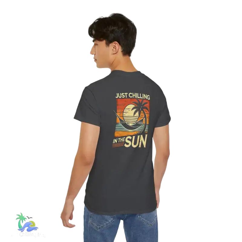 Gray t-shirt with beach graphic.
