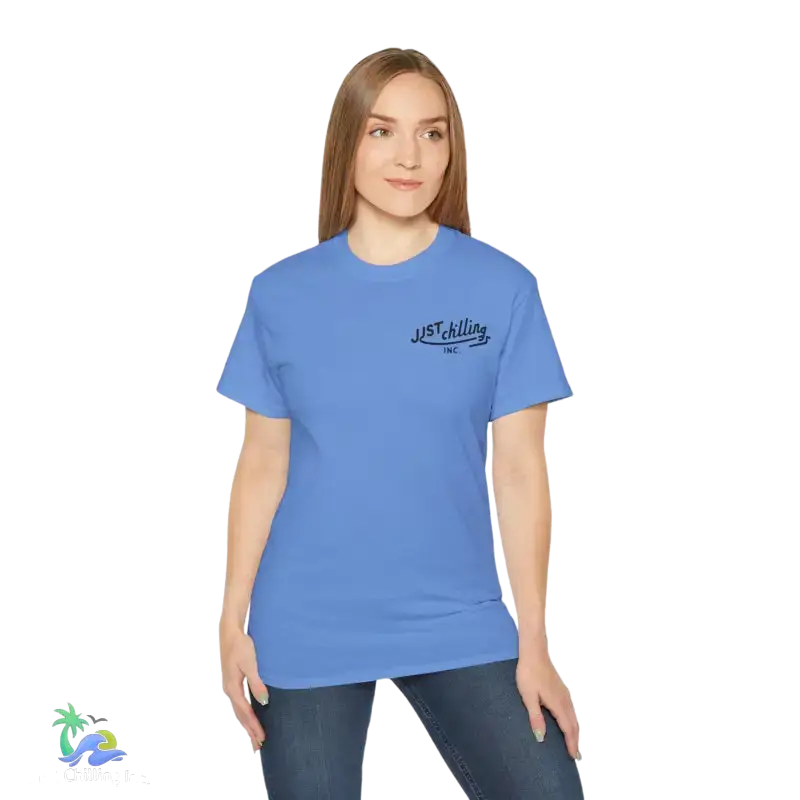 Blue t-shirt.