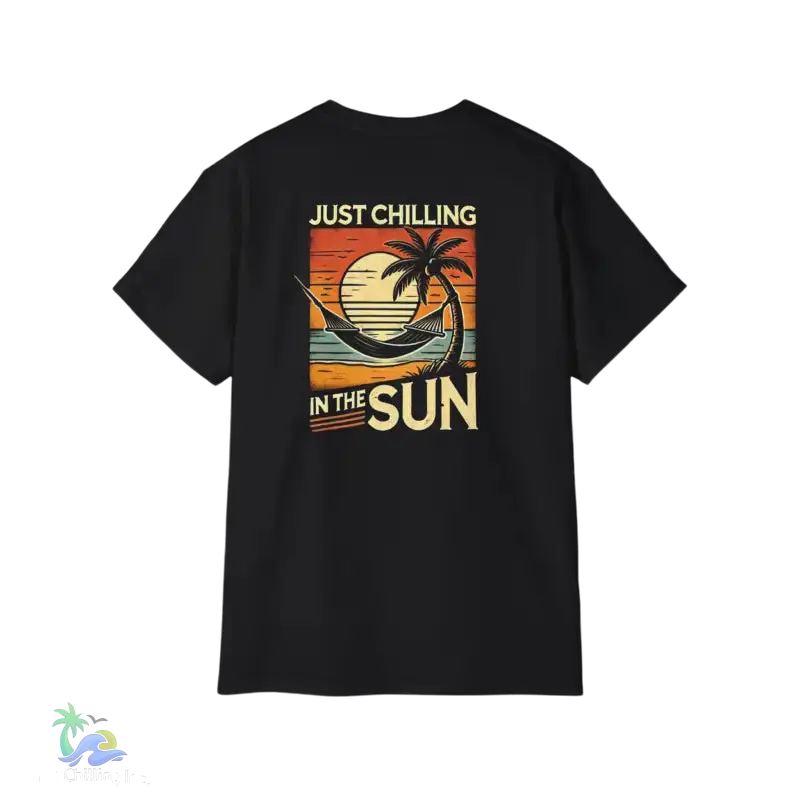 Black t-shirt with a beach graphic.