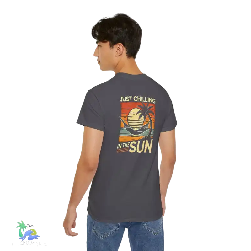 Gray t-shirt with beach graphic.