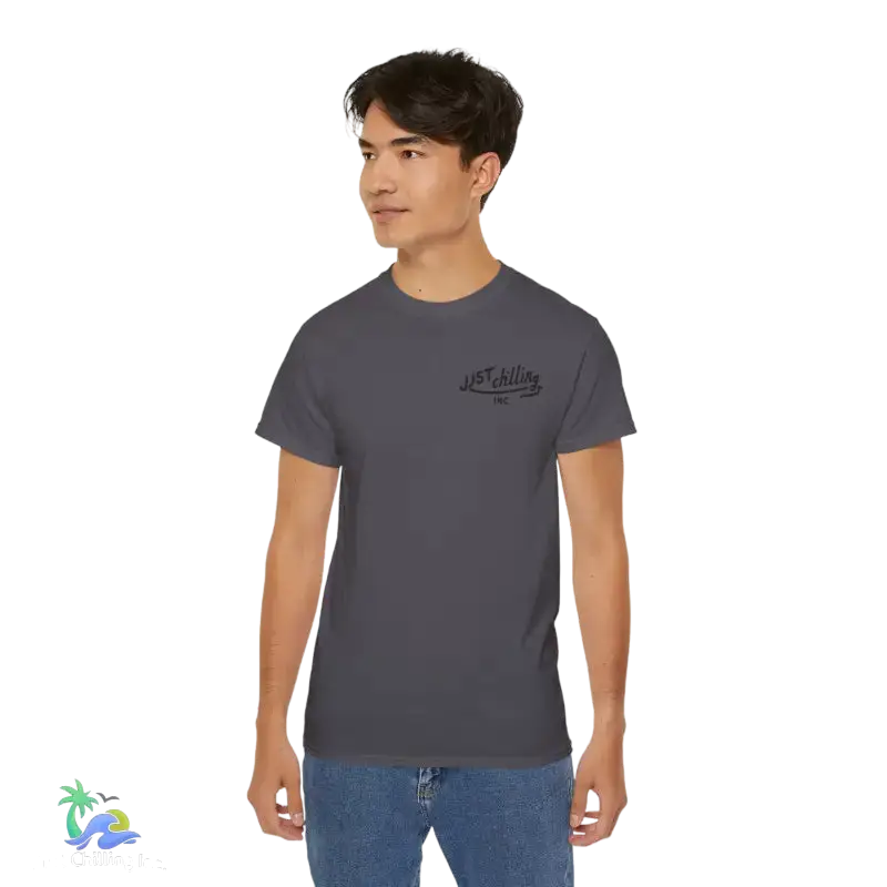 Gray t-shirt with ’Just Chilling’ text.