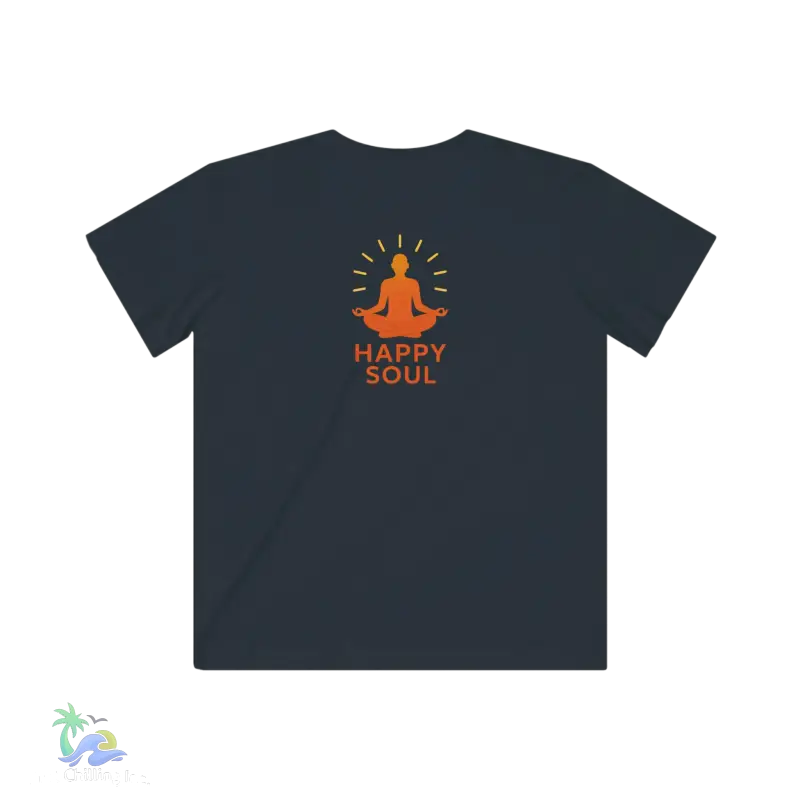 A dark grey t-shirt with an orange graphic design on the back.