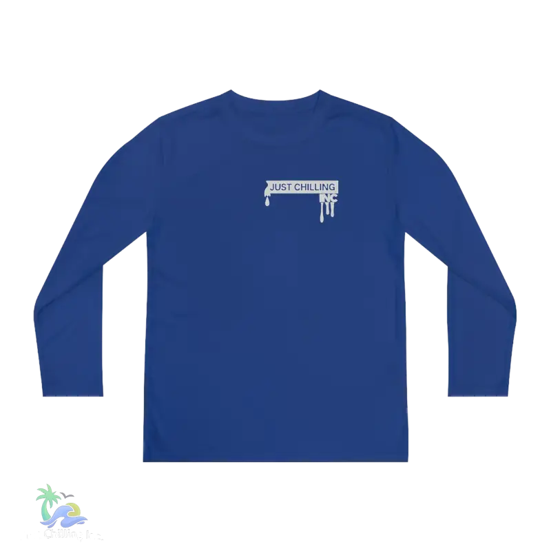 a blue long - sleeved shirt with a white paint driping down the side