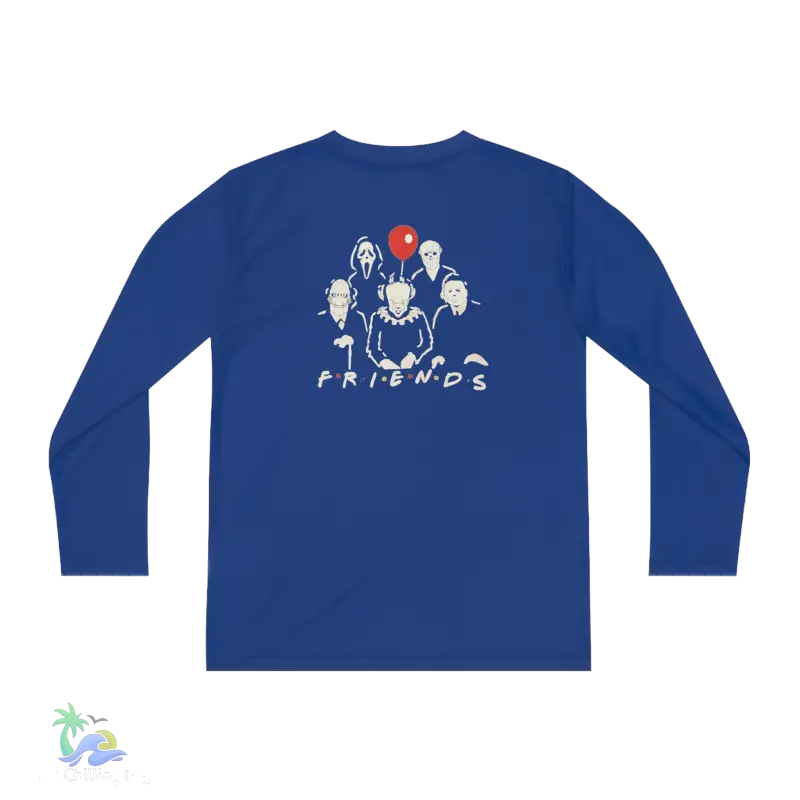 a blue long - sleeved shirt with the words friends on it