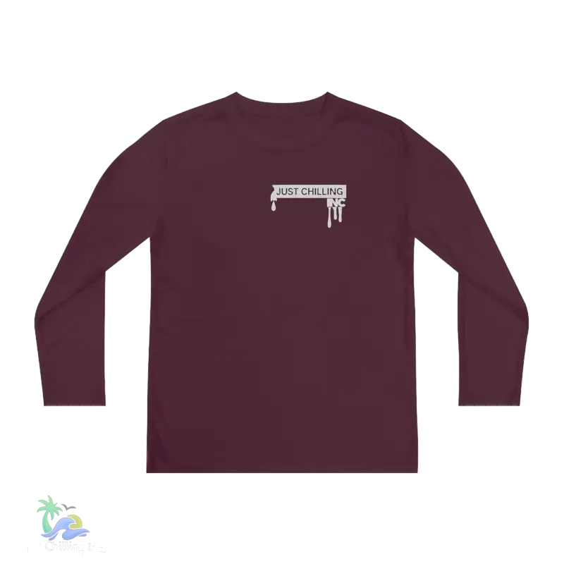 a maroon long - sleeved shirt with a white paint driping down the chest