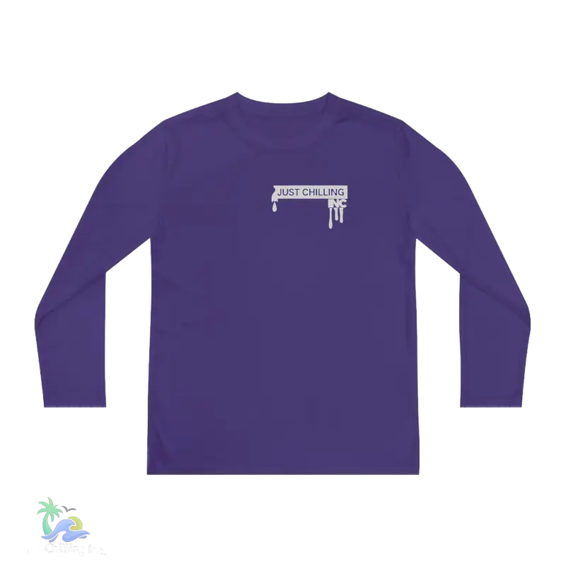 a purple long sleeve shirt with a white paint driping down the side of it