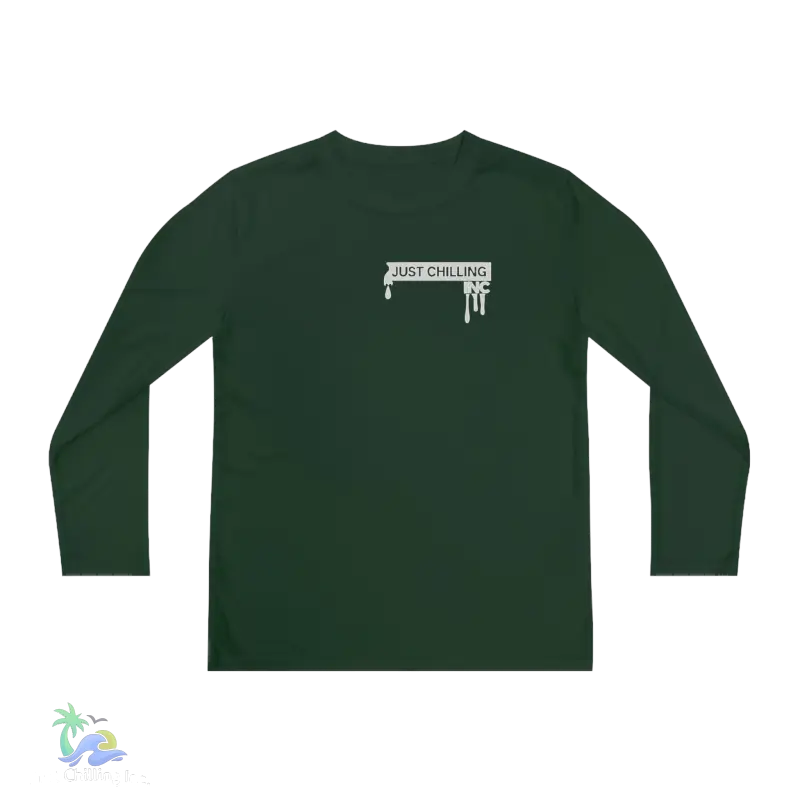 a dark green long - sleeved shirt with a white logo on the chest